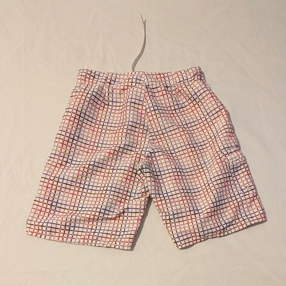 Matix Mens Board Shorts Size 32 White Red Blue Grid Plaid Swim Trunks Surf
